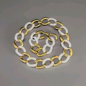 MONET Gold Tone/White Enamel Big Flat Curb Chain Necklace/Bracelet Set